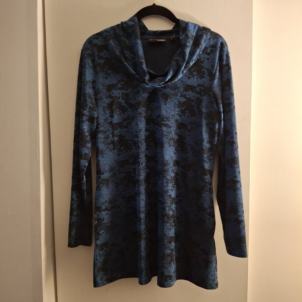 Attitudes By Renee Blue and Black Long Sleeve Cowl Neck Top